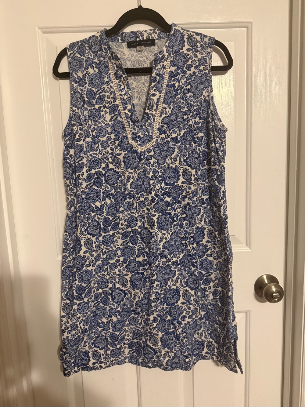 Tommy Hilfiger Blue Floral Linen Blend Notch Neck Shift Dress 12